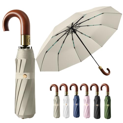 Image of Luxurious Travel Folding Umbrella with Crook Real Wooden J Handle for Men/Portable /Automatic Open/Close Coating Layer Fabric Blocking/Rain Sun/Anti UPF 50 UV Protection 99.9%/Golf/Car Backpack
