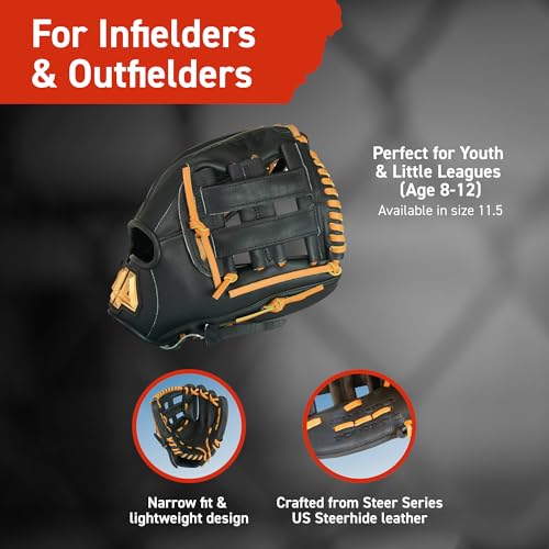 Image of 44 PRO Rise Youth Baseball Glove, 11.5 inch H-Web, Ages 8-12 | Leather baseball glove with lightweight design, narrow fit & easy break-in for youth & little league infield & outfield play