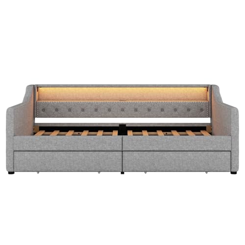 Aoskem Polsterbett Tagesbett Einzelbett 90x200 mit 2 Stauraum Schubladen, Kinderbett LED-Sofabett mit USB-Ladebuchse, Bettgestell mit Lattenrost, Jugendbett Schlafsofa, Ohne Matratze, Leinen (Grau)