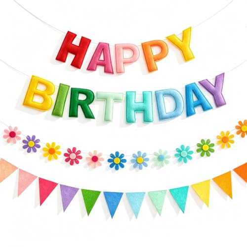 Image of CANREVEL 3 PCS Pre-Strung 3D Birthday Banner Decorations, Rainbow Flower