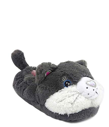 Girls Kitty Cat Plush Slippers Faux Fur Sherpa House Animal Slip On (13-1) Grey