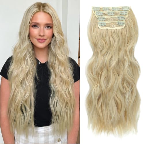 ALXNAN Long Wavy Clip in Hair Extensions, 24" Blonde