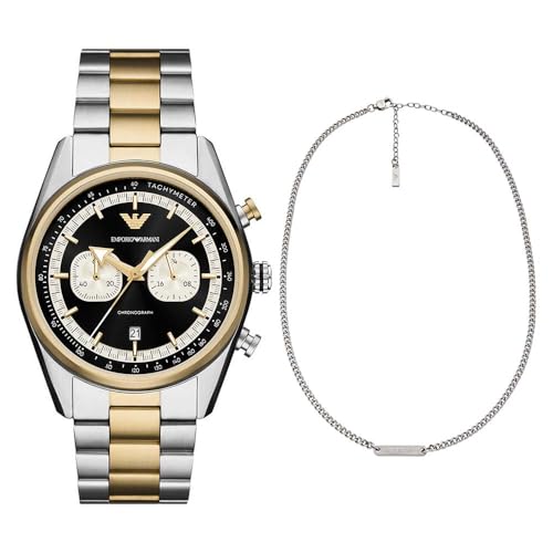 Emporio Armani Hombre Set Reloj Bicolor de Acero Inoxidable y Collar Tono Plateado, Set