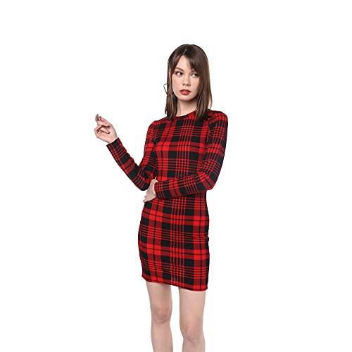 Zaful Women's Casual Long Sleeve Plaid Mini Dress Mock Neck Club Night Out Party Bodycon Dress Pencil Long Tunic Tops (Cherry Red, Small) #TOP1
