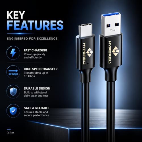 Image of USB 3.2 Gen 2 Cable, Up to 10Gbps Data Transfer, USB-A to Type-C, Up to 60W Fast Charging, Compatible with SSD Enclosures, External Hard Drives, Laptops, PC & Smartphones | (Black, 0.5M)