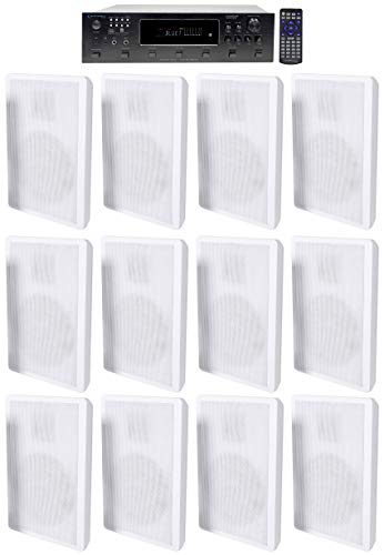 Technical Pro H12X500UBT 6000w 6-Zone 12-Speaker Bluetooth Home Theater Receiver Receiver Bundle with 2 Rockville RockSlim White Home Theater 5.25