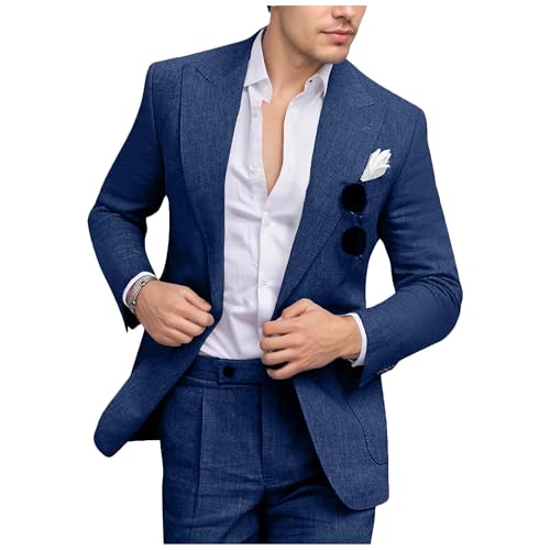 Fesenbo Men's Linen Suit Slim Fit 2 Piece Summer Beach Wedding Suits Peak Lapel Casual Blazer Pants Set for Prom Tuxedo, Dark Blue, Medium