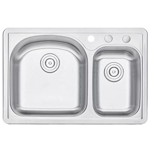 Cozyblock 33 X 22 X 8 Inch 70/30 Offset Top-Mount / Drop-In Stainless Steel Double Bowl Kitchen Sink With Strainer And Protective Bottom Grid - 18 Gauge Stainless Steel-3 Faucet Hole #TOP3