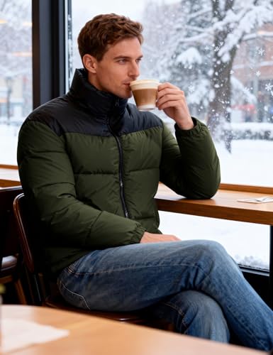 Image of PEHMEA Men's Puffer Jacket Stand Collar Zipper Coat with Pockets Retro Bubble Outwear for Winter
