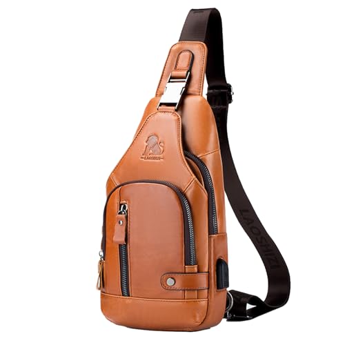 Pundarika Sac de Poitrine Homme en Cuir Véritable - Petit Sacoche Bandoulière Réglable - Marron