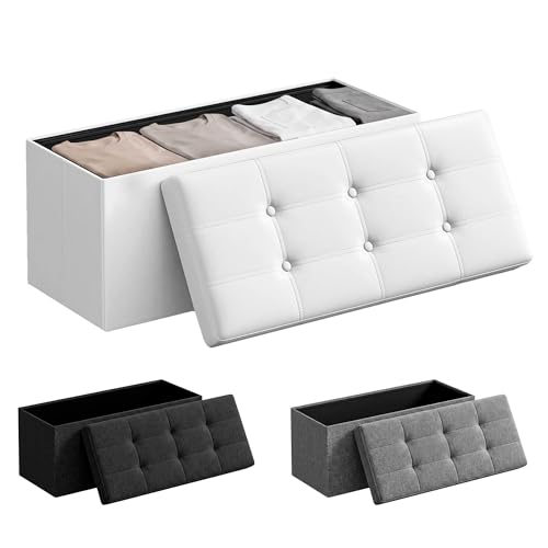 JUPPLIES Puff de Almacenaje 80 L, 76 x 38 x 38 cm - Baúl de Almacenamiento con Tapizado PVC, Plegable y Acolchado - Banco con Tapa Soporta 300 kg para Dormitorio, Salón o Vestidor - Blanco