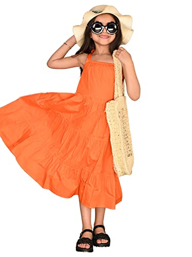 Image of LILPICKS Girls Solid Tie Up Shoulder Straps Sleeveless Fit n Flare Dress (Orange)