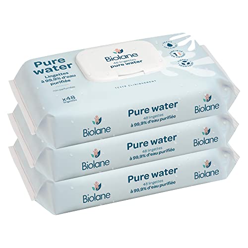 BIOLANE - Toallitas limpiadoras Pure Water - Bebé - Lote de 3 x 48 (144 toallitas) - Con agua purificada - Limpia y protege - Cuerpo y asiento - Pieles Sensibles - Desde el nacimiento - Fabricado en