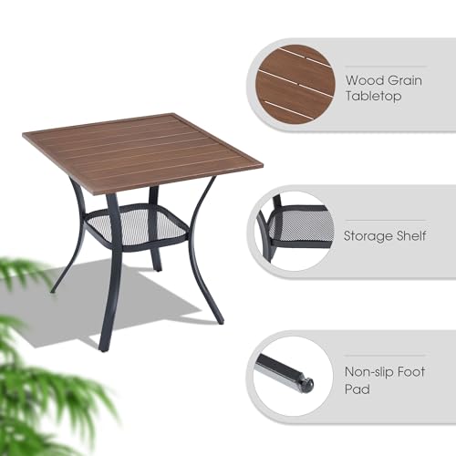 Image of VICLLAX Small Patio Dining Table for 2, Square Metal Slatted Tabletop with Storage Shelf for Front Porch Lawn Garden, Walnut Tabletop(No Umbrella Hole)