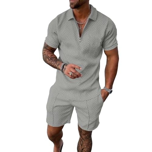 UOUA Mens Summer Track Suits 2 Piece Shorts Sets Short Sleeve Sweatsuit Outfits 1/4 Zip Golf Polo Shirts Loungewear Grey X-Large