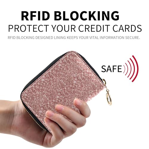 Zippered Women's Wallets Zip Around Credit Card Wallets RFID Blocking Sparkling Rose Gold Glitter Zipper Change Purse with Key Ring2
