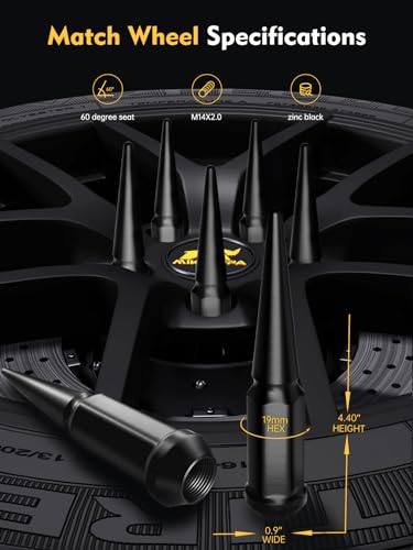 Image of MIKKUPPA M14x2.0 Spike Lug Nuts, Black 32PCS 4.4 inch Tall Acorn Lug Nut | Solid, With 1 Socket Key, Replacement for 1994-2014 Ford F150, 1997-2013 Expedition