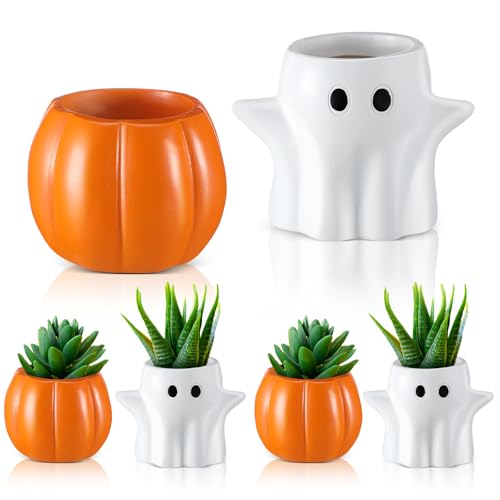 Newtay 4 Pack Halloween Pumpkin Ghost Planter 3 Inch Halloween Succulent Pots Bucket Vase Gifts Resin Small Flower Pots for Home Office Party, Plants Not Included