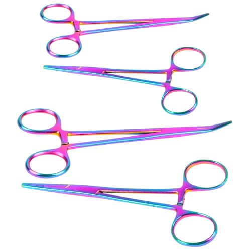 Ainiv 4 Piece Hemostat Curved and Straight Stainless Steel Self-Locking Fishing Forceps Piercing Remover Tool Piercing Grabber Tool for Nurses Pet Grooming Care Fishing DIY Crafting (Colorful, 5"+7")