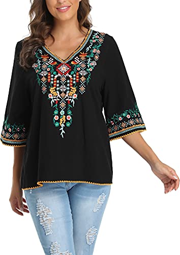 YZXDORWJ Women's V Neck Embroidered Mexican Peasant Blouse3
