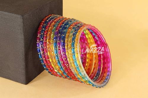 Image of LAVAZZA Raindrop Glass Bangles Set For Women & Girls with Zircon Diamond Stone & Beads | Trendy Transparent Crystal Glass Bangles | Fancy Kanch ki Chudi Set | Bangles for Wedding, Party- Set of 12
