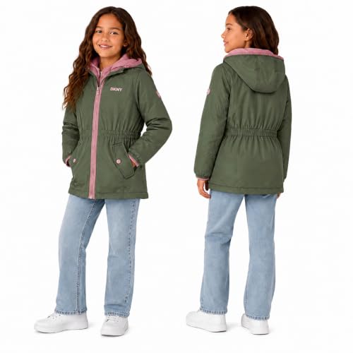 Image of DKNY Girls Midweight Jacket, Anorak Windbreaker, Polar Fleece Lined, Hooded