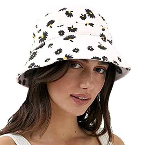 VECRY Donne Uomini Denim Lavato Cotone di Tendenza Cappello a Secchiello Donna Estate Spiaggia Cappelli da Sole (M,Floreale-Bianco)