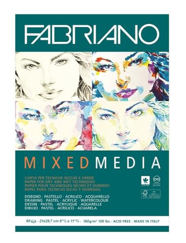 Fabriano Bloc de Papel para Artistas de Medios Mixtos, DIN A4, 60 Hojas, 160 g/m², sin ácidos, con Grano Natural, Adecuado para técnicas de Pintura en seco y húmedo, Blanco