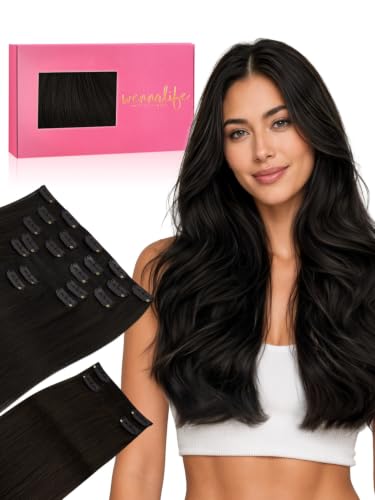 WENNALIFE Clip in Hair Extensions, 150g 16 Inch 9pcs Natural Black Human Hair Extensions Thicker Clip in Hair Extensions Real Human Hair Clip Set Double Weft