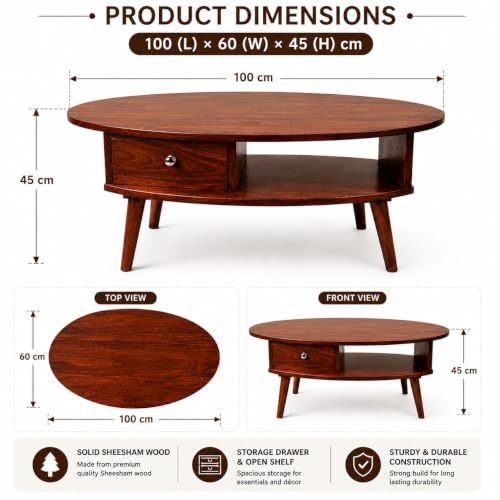 Image of Oval Solid Sheesham Wooden Coffee Table for Home | Living Room Center Table with Storage Shelf & Drawer | Modern Sofa Coffee Table (100 * 60 * 45 cm)