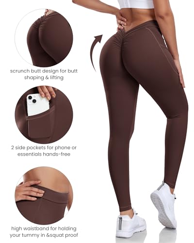 TURBOFIT Leggings femininas com decote em V nas costas com bolso para levantar bumbum, controle de b