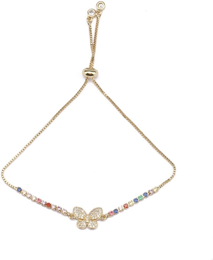 QWET Bracelets For Women, Golden Butterfly Colorful Crystal Bar Bracelet For Women With Cubic Zirconia Charm Bracelets Adjustable Bead Fastening Elegant Bangle Friendship Birthday Girls Mom Gift