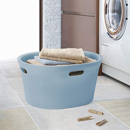 Image of Superio Ribbed Collection - Decorative Plastic Laundry Basket with Cut-Out Handles, Blue (2 Pack) Hamper Organzier for Bedroom Bathroom College Dorm Room 35 Liter