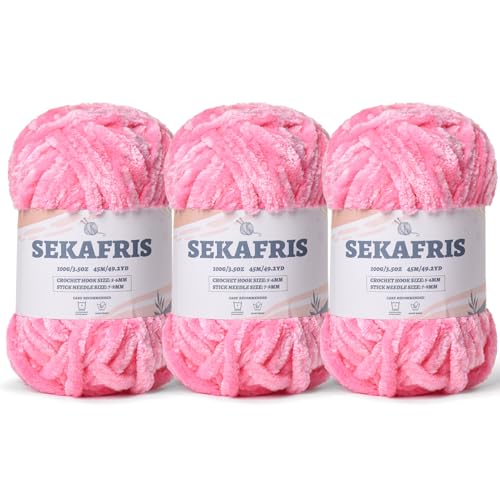 Image of Fuzzy Chunky Chenille Yarn for Crocheting,Soft Plush Yarns for Hand Knitting,Bulky 3x100 g(3x49.2 yd) Baby Blanket Yarn for Crocheting Amigurumi,Crochet Fluffy Velvet Yarns(Pink)