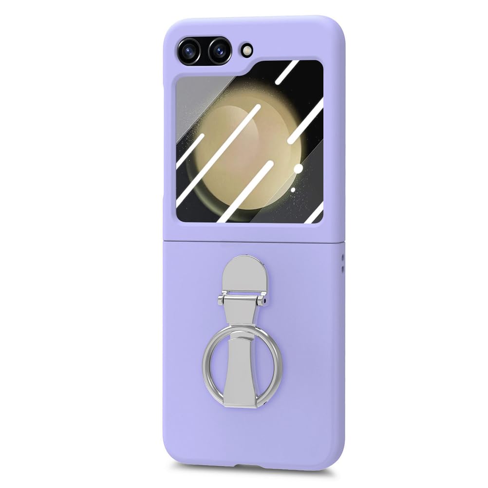 Coque pour Samsung Galaxy Z Flip 7, Verre Trempe Screen Protection Housse avec Métal Anneau Support Béquille Mince Étui Dur PC,Violet,Flip 7