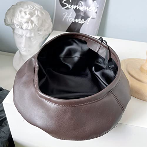 Chapeau femme en cuir synthétique vintage béret marron uni - 2