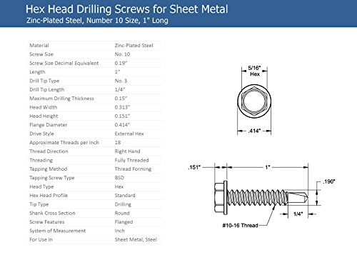 #10 X 1'' Hex Washer Head Self-Drilling Tek Screw Zinc Plated Steel For Attaches Sheet Metal Steel Or Steel To Metal - Box Of 100 #TOP1