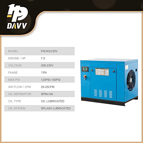 Hpdavv Rotary Screw Air Compressor 7.5Hp / 5.5Kw - 29-25Cfm @ 125-150Psi - 230V/ 1-Phase/ 60Hz - Npt1/2" Skid Industrial Air Compressed System With Spin-On Air Oil Separator #TOP1