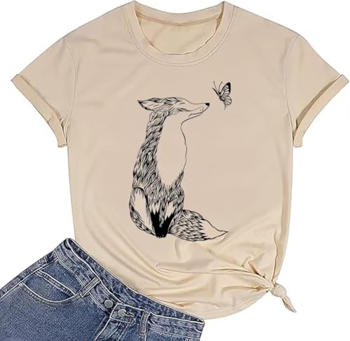 Funny Animal Graphic Tees for Women Vintage Boho T Shirts Casual Short Sleeve 1Beige Medium