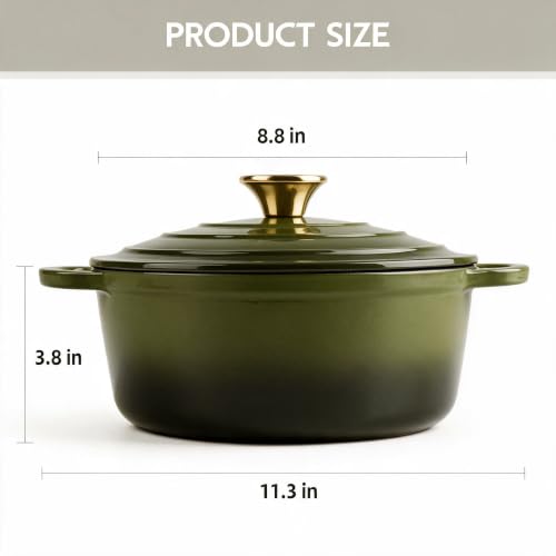Image of Dutch Oven Enameled Cast Iron with Lid - Big Dual Handles - Oven Safe up to 500F - Classic Round Pot for Versatile Cooking (Golden Green, 3 QT)