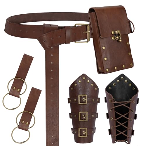 Image of Renaissance Belt Pouch Medieval Viking Leather Bracers Set for LARP