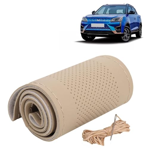 Image of KINGSWAY PU Leatherite Car Steering Cover Sewable Compatible with Mahindra XUV 400 (Year 2023 Onwards), Beige Color with Beige Thread, Pack of 1 with Sewing Needle and Thread