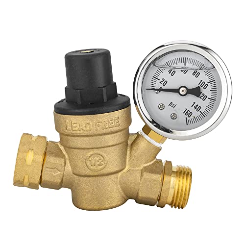 RV Water Pressure Regulator Valve, Brass Adjustable Water Pressure Reducer With Gauge And Inlet Screen Filter, For RV Camper Travel Trailer