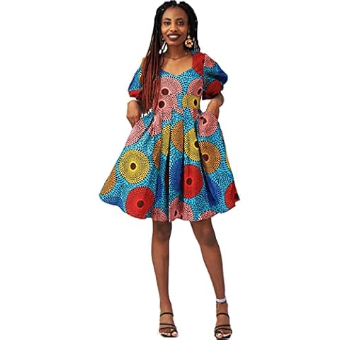 HongyuAmy Women African Floral Print V Neck Dresses Ankara Lantern Sleeves Short Dress (Large,Color B) Cover