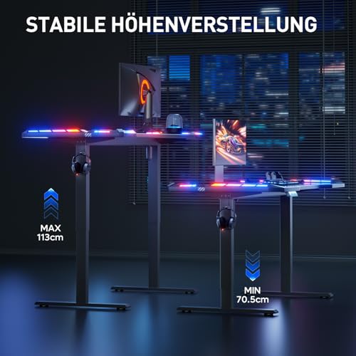 Höhenverstellbarer Schreibtisch 120 x 60 cm,Gaming Tisch mit LED,Elektrischer Schreibtisch,Steh-Sitz Tisch mit Kohlefaseroberfläche, Elektrisch Computertisch mit 3-Funktions-Memory, Schwarz – Bild 5