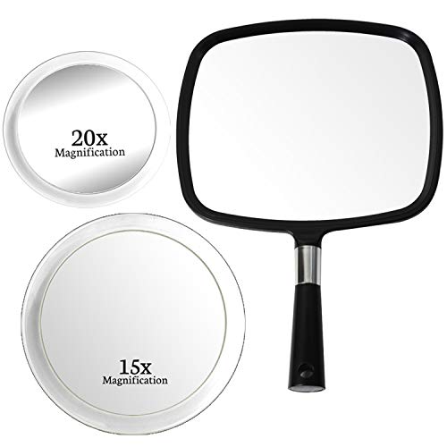 20X & 15X Magnifying Mirror Set Combo with 3 Suction Cups Each - Compact & Travel Ready - 6-Inch & 4-Inch Wide and Mirrorvana Large & Comfy Hand Held Mirror with Handle - Barber Model in Black Bundle