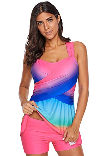 BOZEVON Mujer Traje de Baño Tallas Grandes - Acolchado con Arco Iris Vestido Conjunto de Tankinis Bañador, Rosa/(EU 42-44) 3XL