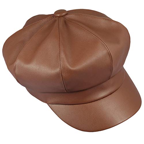 Sportmusies 8 Panels Newsboy Caps For Women, Pu Leather Cabbie Painter Hat Gatsby Ivy Beret Cap, Brown #TOP1