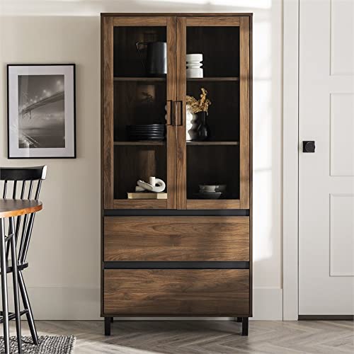 Walker Edison Furniture Company Glass Door Storage Hutch, 68 Inch, Dark Walnut #TOP6