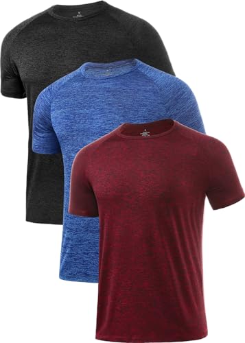 Image of Ullnoy 3 Pack Dry Fit Sports T Shirts Mens Breathable Gym Workout T Shirts Mens Moisture Wicking Short Sleeve Running Tees Black/Dark Blue/Wine XL